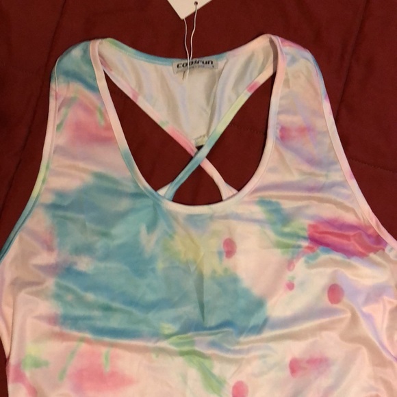 CoolRun NWT TieDye Tank. Cute Back Detail. Teal, Pinks, Greens, & White. - Picture 4 of 9